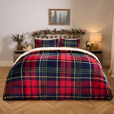 OHS Oxford Check Soft Sherpa Fleece Duvet Cover and Pillowcase Set | Red | King