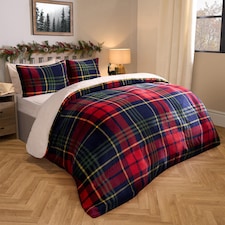 OHS Oxford Check Soft Sherpa Fleece Duvet Cover and Pillowcase Set | Red | King thumbnail 2