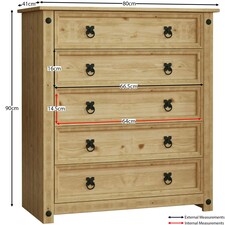 Vida Designs Corona 5 Drawer Chest of Drawers Rustic Furniture, Solid Pine Wood thumbnail 3