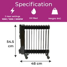 Black Electric 2500W 11 Fin Oil Filled Radiator Heater thumbnail 5