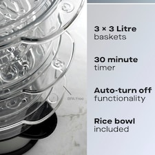 Daewoo 9L Capacity, 3 Layer Food Steamer With Rice Bowl thumbnail 3