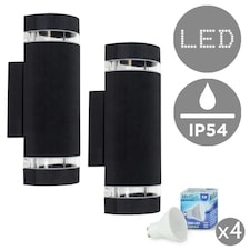 ValueLights Pair of Black Ryston Outdoor Wall Up-Down Lights with 5W Warm White Bulb