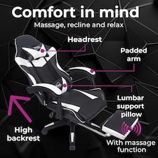White/Black Massage Leather Gaming Chair with Footrest thumbnail 4