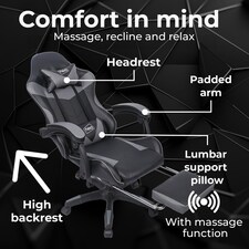 Grey/Black Massage Leather Gaming Chair with Footrest thumbnail 4