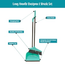 JVL Long Handle Dustpan and Bristle Brush Set, Turquoise thumbnail 2