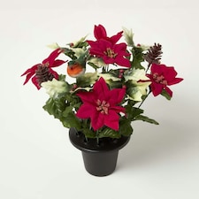 Homescapes Artificial Poinsettia, Holly and Robin Grave Vase
