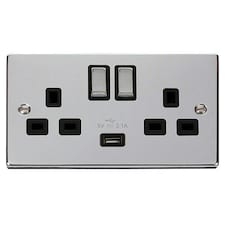 SE HOME Polished Chrome 2 Gang 13A DP Ingot 1 USB Twin Double Switched Plug Socket Black | Polished Chrome