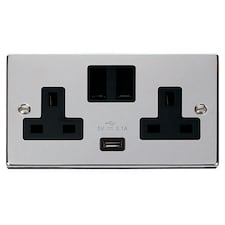 SE HOME Polished Chrome 2 Gang 13A 1 USB Twin Double Switched Plug Socket Black | Polished Chrome