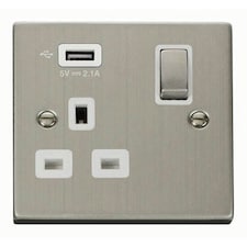 SE HOME Stainless Steel 1 Gang 13A DP Ingot 1 USB Switched Plug Socket White | Stainless Steel