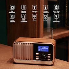 Retro Rechargeable DAB/DAB+/FM Radio - Dual Alarm Clock - Bluetooth Speaker - USB & Micro SD MP3 Playback - AUX In & Out - Large Remote Control - August MB450K thumbnail 2