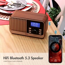 Retro Rechargeable DAB/DAB+/FM Radio - Dual Alarm Clock - Bluetooth Speaker - USB & Micro SD MP3 Playback - AUX In & Out - Large Remote Control - August MB450K thumbnail 3