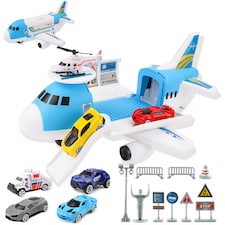 Transport Cargo DIY Plane Car Toy Play Set – With 4 Mini Cars, Helicopter & Ramp – Educational Vehicle Storage Toy for Kid