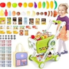 Kids Adjustable Height Shopping Cart Trolley Play Set with Pretend Food & Play Money – Green