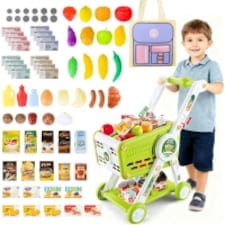 Kids Adjustable Height Shopping Cart Trolley Play Set with Pretend Food & Play Money – Green thumbnail 2