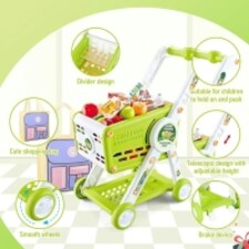 Kids Adjustable Height Shopping Cart Trolley Play Set with Pretend Food & Play Money – Green thumbnail 3