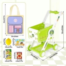 Kids Adjustable Height Shopping Cart Trolley Play Set with Pretend Food & Play Money – Green thumbnail 4