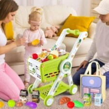 Kids Adjustable Height Shopping Cart Trolley Play Set with Pretend Food & Play Money – Green thumbnail 5