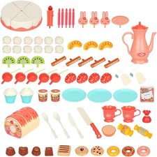 Pretend Cutting & Decorating Birthday Cake Tea Party Play Set – 83-Piece Dessert & Afternoon Tea Role Play Set with Light-Up Candle thumbnail 4