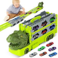 Portable Dinosaur Race Track Truck Toy Car Transport Carrier Play Set with 6 Racing Cars – Educational and Storage Toy for Kids