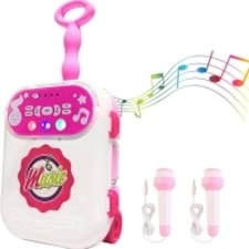 Kids Karaoke Machine Play Set with 2 Microphones, Carry Case, MP3 Jack & LED Lights – Portable Singing Toy with Recording Function for Kids