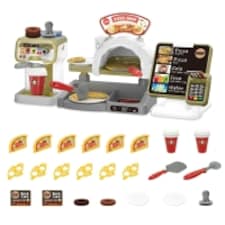 Pretend Play Coffee Shop & Pizza Café Set – 30-Piece Kids’ Coffee Maker Playset with Cash Register and Food Accessories