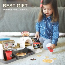 Pretend Play Coffee Shop & Pizza Café Set – 30-Piece Kids’ Coffee Maker Playset with Cash Register and Food Accessories thumbnail 5