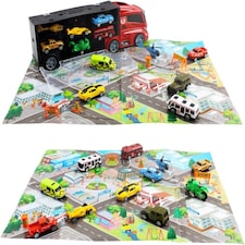 Transporter Truck Carrycase Play Set with 12 Vehicles, Accessories & Play Map – Portable Toy for Kids thumbnail 5
