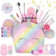 Kids Real Makeup Set Toy for Girls – Washable, Safe & Complete Pretend Play Kit with Glitter Bag