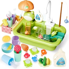 Green Frog Kitchen Play Sink with Running Water Pretend Play Wash up Kitchen Sets