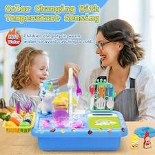 Kids Kitchen Blue Sink Playset with Real Running Water – Includes Colorful Food Accessories thumbnail 2