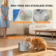 PawHut 2.5L Cat Water Fountain for Drinking Stainless Steel Ultra-Silent | Silver | 19.4L x 19.4W x 18.7H cm thumbnail 4
