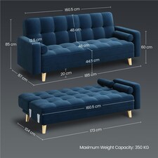 Yaheetech Velvet Convertible Sofa Bed | Blue | Three Seater thumbnail 3