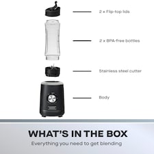 Daewoo Samurai Verti Blend 500W Personal Portable Blender with 2×600 ml Travel Cups | Black | Clear thumbnail 3