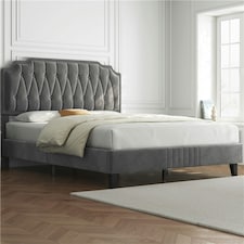Yaheetech 135 cm W x 190 cm L Upholstered Bed Frame with Button-Tufted Headboard Dark Grey