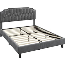 Yaheetech 135 cm W x 190 cm L Upholstered Bed Frame with Button-Tufted Headboard Dark Grey thumbnail 2