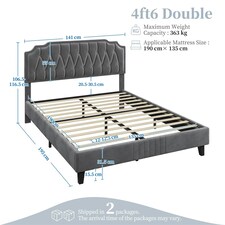 Yaheetech 135 cm W x 190 cm L Upholstered Bed Frame with Button-Tufted Headboard Dark Grey thumbnail 3