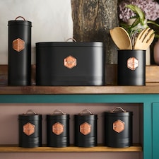 Cooks Professional 7pc Tea, Coffee, Sugar, Biscuit, Pasta, & Bread Bin Canister Set | Black | Black & Copper thumbnail 2
