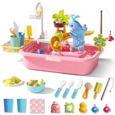 Pretend Play Kitchen Sink with Real Running Water 4-in-1 Water Play Table (Pink)