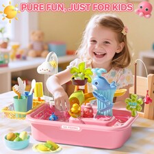 Pretend Play Kitchen Sink with Real Running Water 4-in-1 Water Play Table (Pink) thumbnail 3
