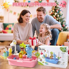 Pretend Play Kitchen Sink with Real Running Water 4-in-1 Water Play Table (Pink) thumbnail 4