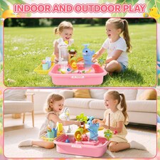 Pretend Play Kitchen Sink with Real Running Water 4-in-1 Water Play Table (Pink) thumbnail 6