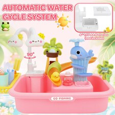 Pretend Play Kitchen Sink with Real Running Water 4-in-1 Water Play Table (Pink) thumbnail 7