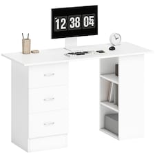 HOMCOM Computer Desk, Writing Table, PC Workstation with 3 Storage Shelves and Drawers, Silver Handle, for Home Office, White | White thumbnail 2