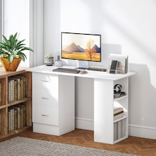 HOMCOM Computer Desk, Writing Table, PC Workstation with 3 Storage Shelves and Drawers, Silver Handle, for Home Office, White | White thumbnail 8