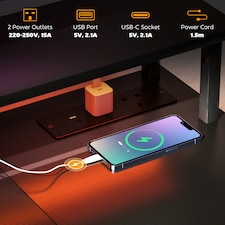 HOMCOM Computer Desk with Power Outlets and LED Lights, 120 x 50cm Reversible Home Office Desk with Monitor Stand and 2-Tier Storage Shelves, PC Table with Cable Management, Carbon Fibre Grey thumbnail 3