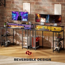 HOMCOM Computer Desk with Power Outlets and LED Lights, 120 x 50cm Reversible Home Office Desk with Monitor Stand and 2-Tier Storage Shelves, PC Table with Cable Management, Carbon Fibre Grey thumbnail 7