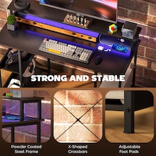 HOMCOM Computer Desk with Power Outlets and LED Lights, 120 x 50cm Reversible Home Office Desk with Monitor Stand and 2-Tier Storage Shelves, PC Table with Cable Management, Carbon Fibre Grey thumbnail 9