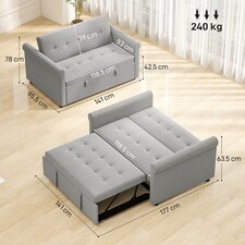 HOMCOM 2 Seater Sofa Bed with 7-Position Adjustable Backrest, Convertible Pull Out Sleeper Sofa, Mid-Century Modern Fabric Bed Settee for Living Room, Guest Room, Grey thumbnail 6