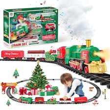 Christmas Train Set with Steam, Lights & Music – Electric Holiday Toy Train with Realistic Smoke, 1 Locomotive + 4 Carriages + 12 Tracks
