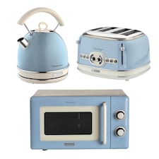 Ariete Vintage Breakfast Set, Retro 4-Slice Toaster with 6 Browning Levels, 2000W Fast-Boil Kettle & 800W Microwave, Blue